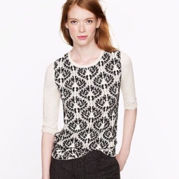 J Crew Factory Cream & Black Boho Floral Embroidered Fitted Knit Sweater - Picture 1 of 9